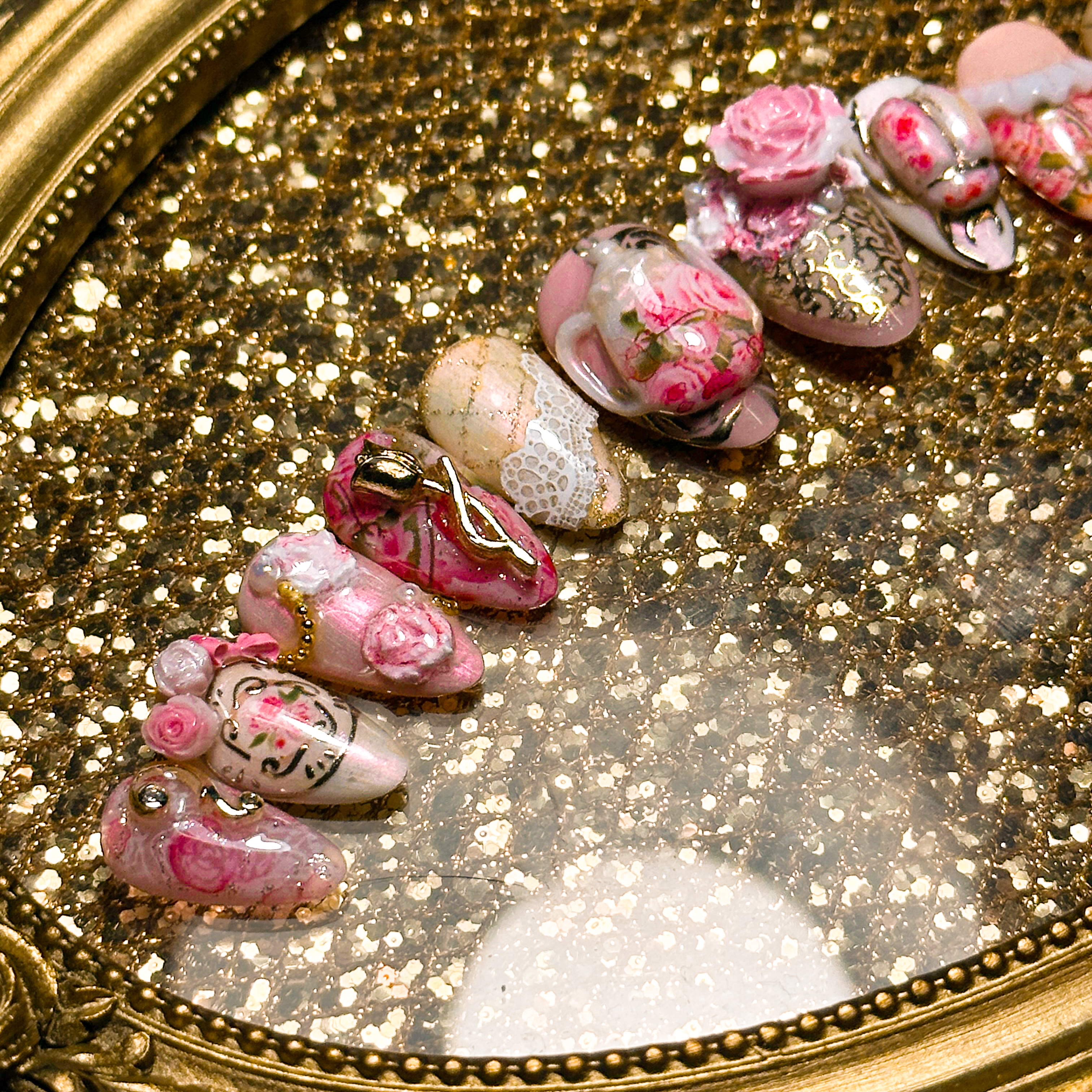 Star Twix Nails Classic Lolita Rococo inspired nail set featuring tea pots, pink roses, and gold accents Star Twix Nails Classic Lolita Rococo inspired nail set featuring tea pots, pink roses, and gold accents
