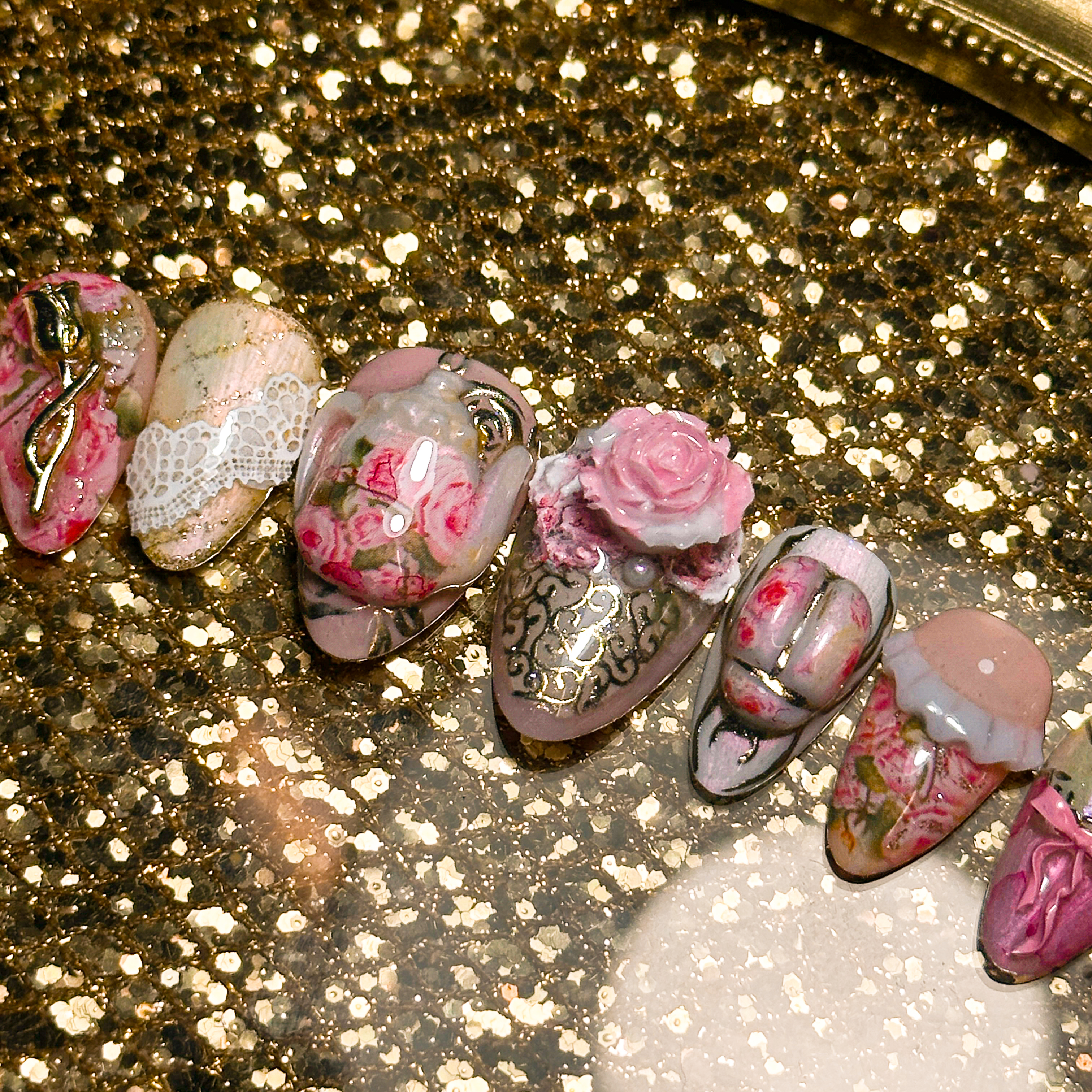 Star Twix Nails Classic Lolita Rococo inspired nail set featuring tea pots, pink roses, and gold accents Star Twix Nails Classic Lolita Rococo inspired nail set featuring tea pots, pink roses, and gold accents