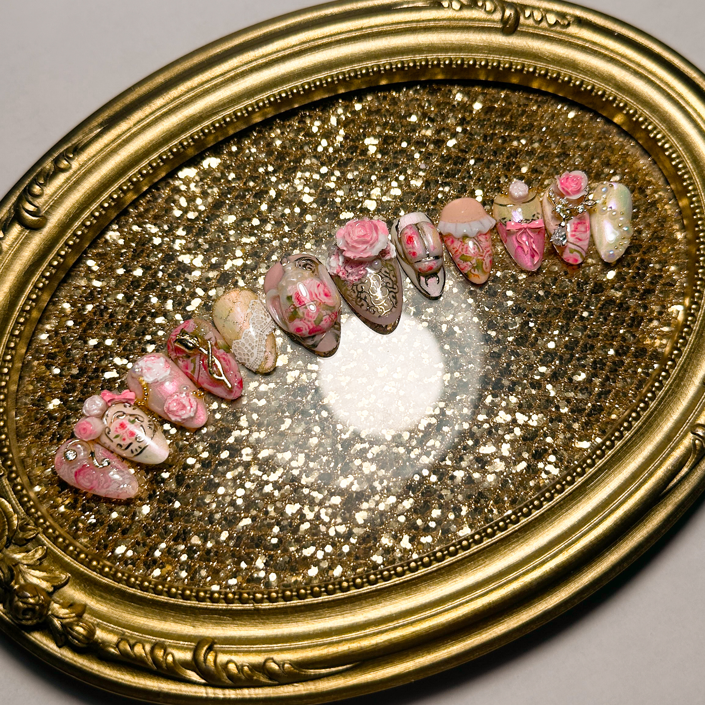 Star Twix Nails Classic Lolita Rococo inspired nail set featuring tea pots, pink roses, and gold accents Star Twix Nails Classic Lolita Rococo inspired nail set featuring tea pots, pink roses, and gold accents